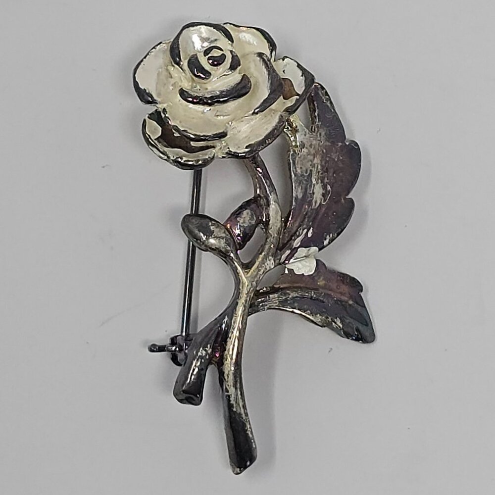 Vintage Shabby Chic White Rose Brooch Silver Tone Floral Costume Jewelry Pin - Picture 3 of 11